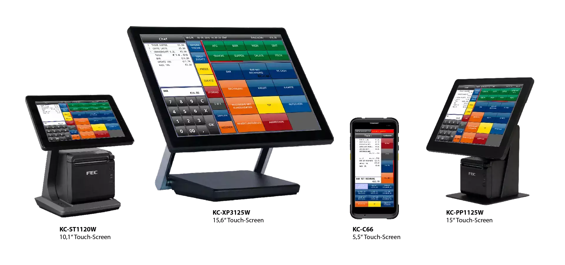 Übersicht unserer Kassensysteme mit Touchscreen in verschiedenen Größen und Formaten
